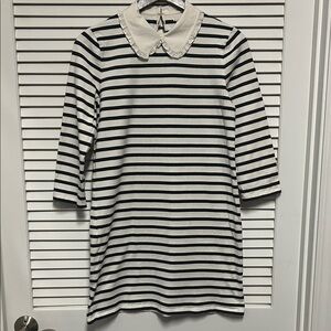 Kate Spade Navy and Cream Long Sleeve Striped Cotton Dress with Ruffle Collar